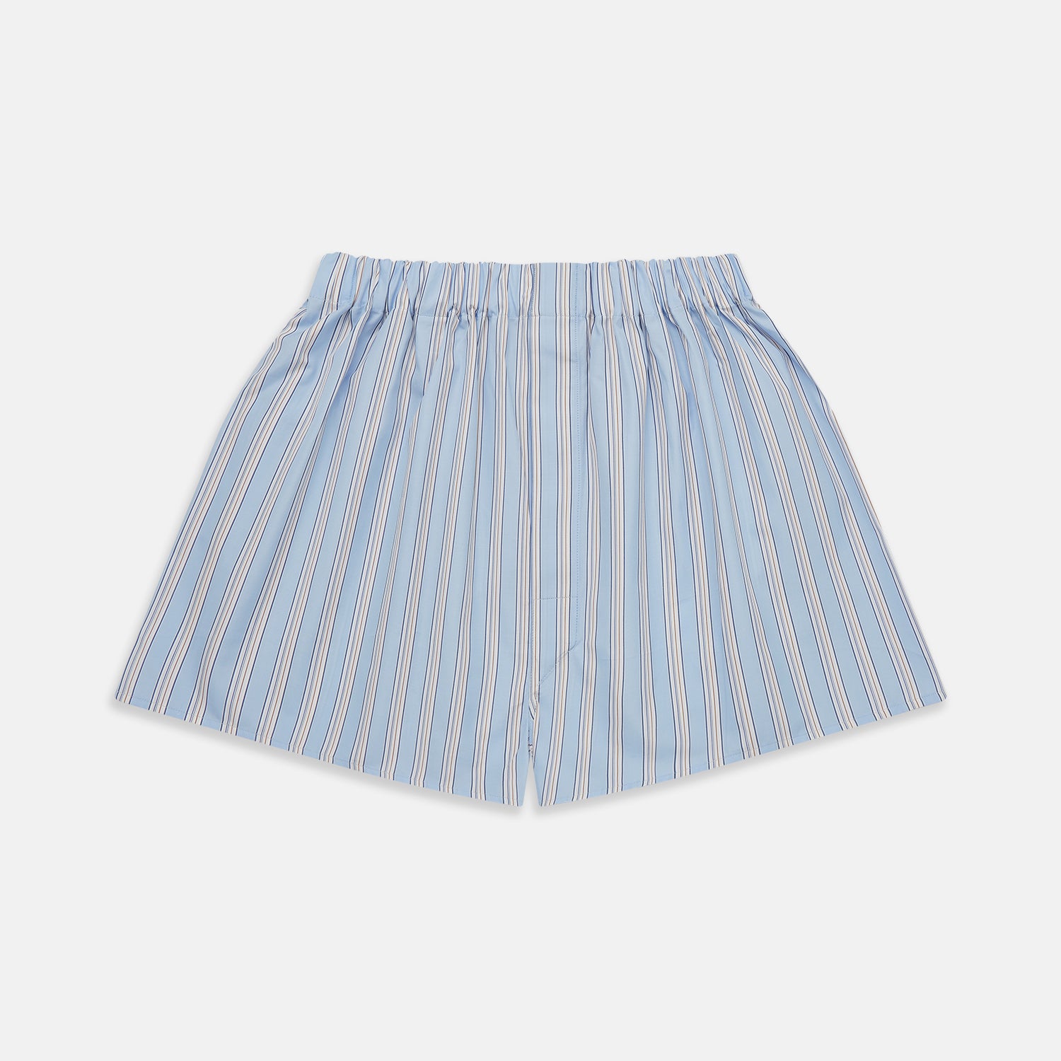 View 1 of product Turnbull & Asser Pale Blue Multi Striped Cotton Godfrey Boxer Shorts, featuring an elastic waistband and vertical white and navy stripes, laid flat on a plain white background.
