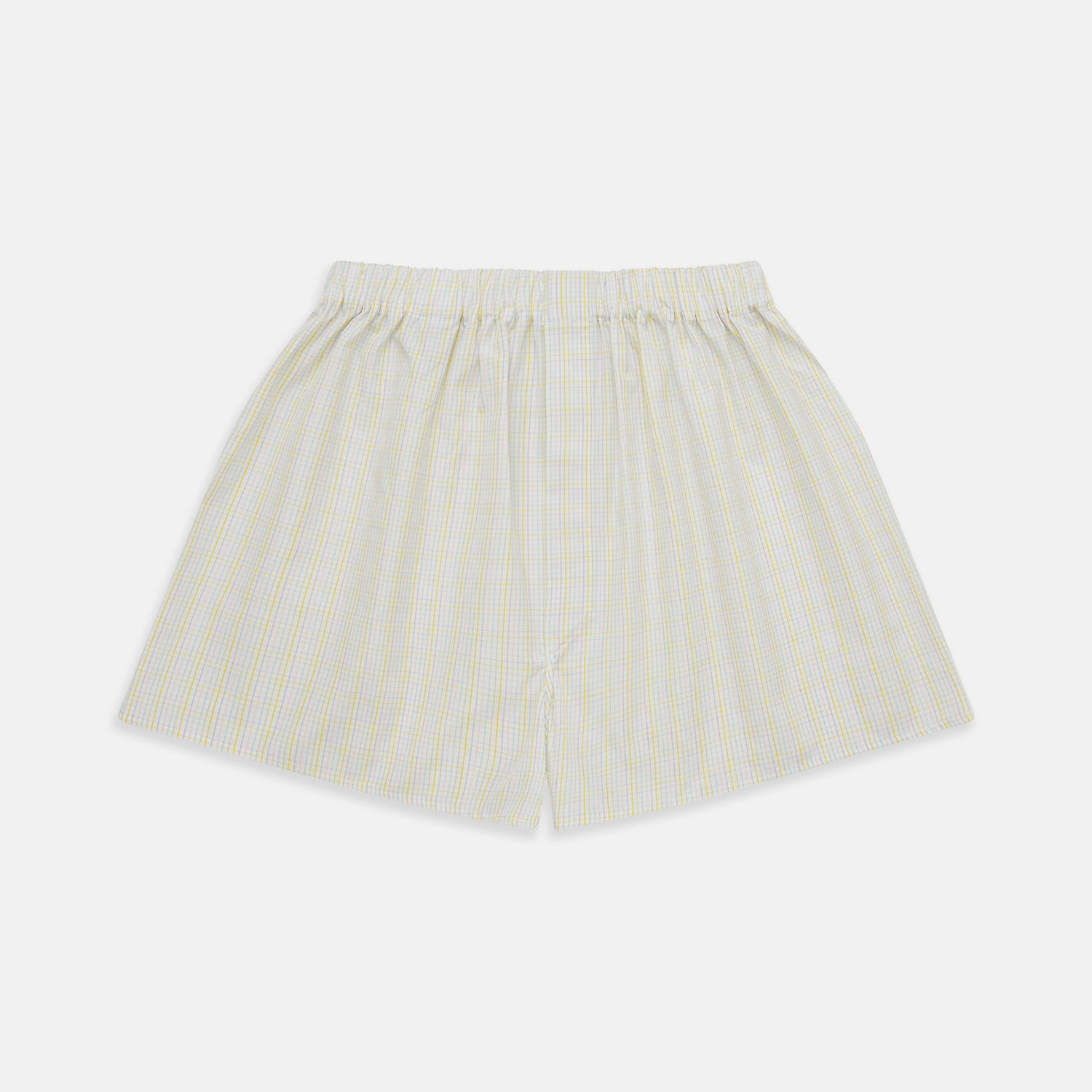 View 1 of product Turnbull & Asser Yellow Multi Check Godfrey Boxer Shorts, crafted from soft cotton with an elastic waistband, feature a loose fit and plaid design, shown on a plain white background.