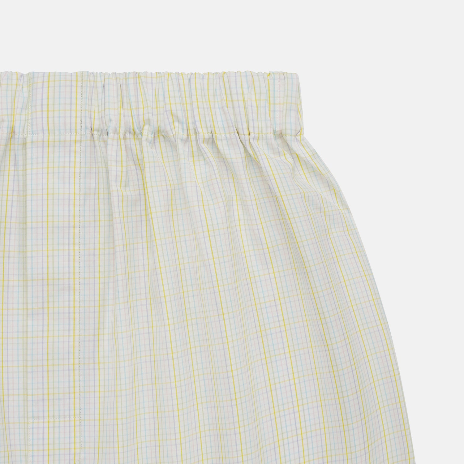 View 2 of product Turnbull & Asser Yellow Multi Check Godfrey Boxer Shorts, crafted from soft cotton with an elastic waistband, feature a loose fit and plaid design, shown on a plain white background.