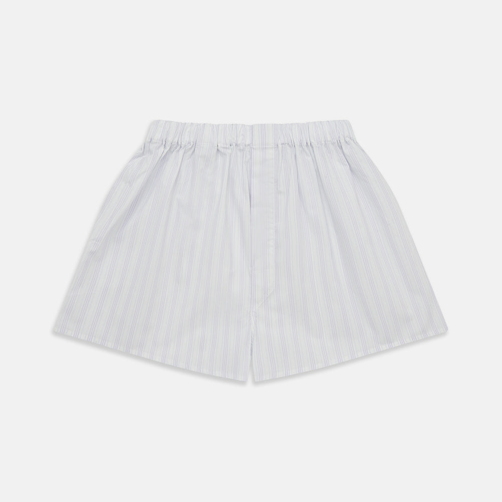 Purple multi-striped cotton Godfrey boxer shorts by Turnbull & Asser, featuring an elastic waistband, displayed flat on a plain white background.