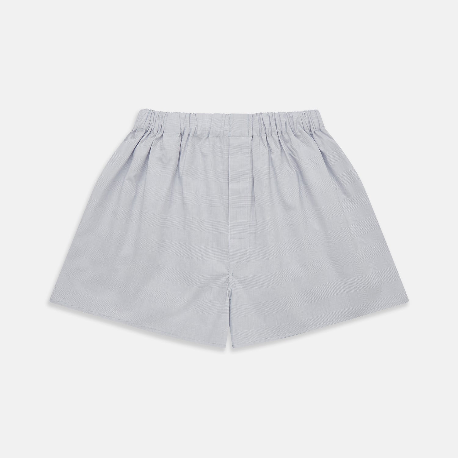 View 1 of product Faded Blue Block Check Cotton Godfrey Boxer Shorts by Turnbull & Asser, shown flat on a white background. These luxury boxers offer a relaxed fit and smooth, simple design with an elastic waistband and no visible buttons or patterns.