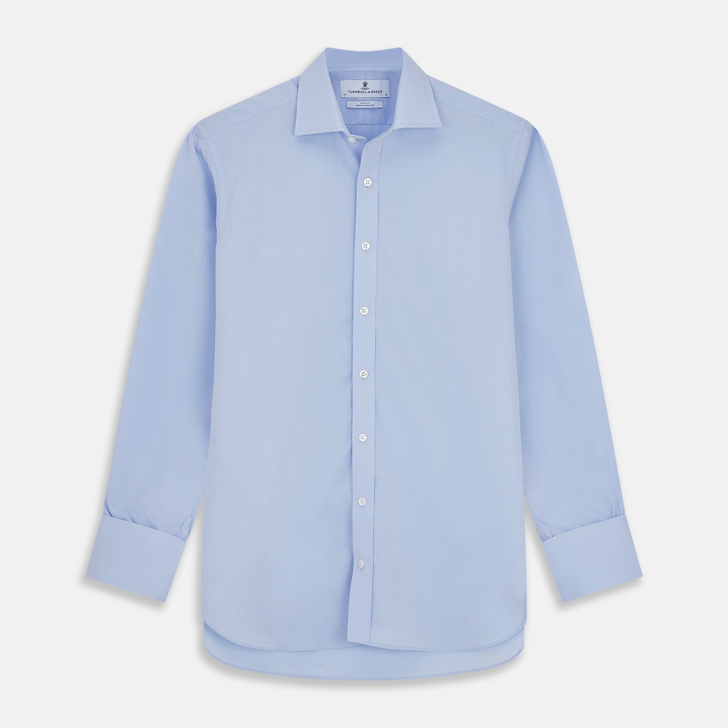 View 1 of product The Turnbull & Asser DR. NO Pale Blue West Indian Sea Island Cotton Shirt features a signature DR. NO collar and cuff, as seen on James Bond, and is displayed on a white background.