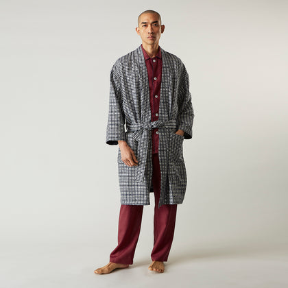 Navy Silk Chequered Kimono Gown Image 8