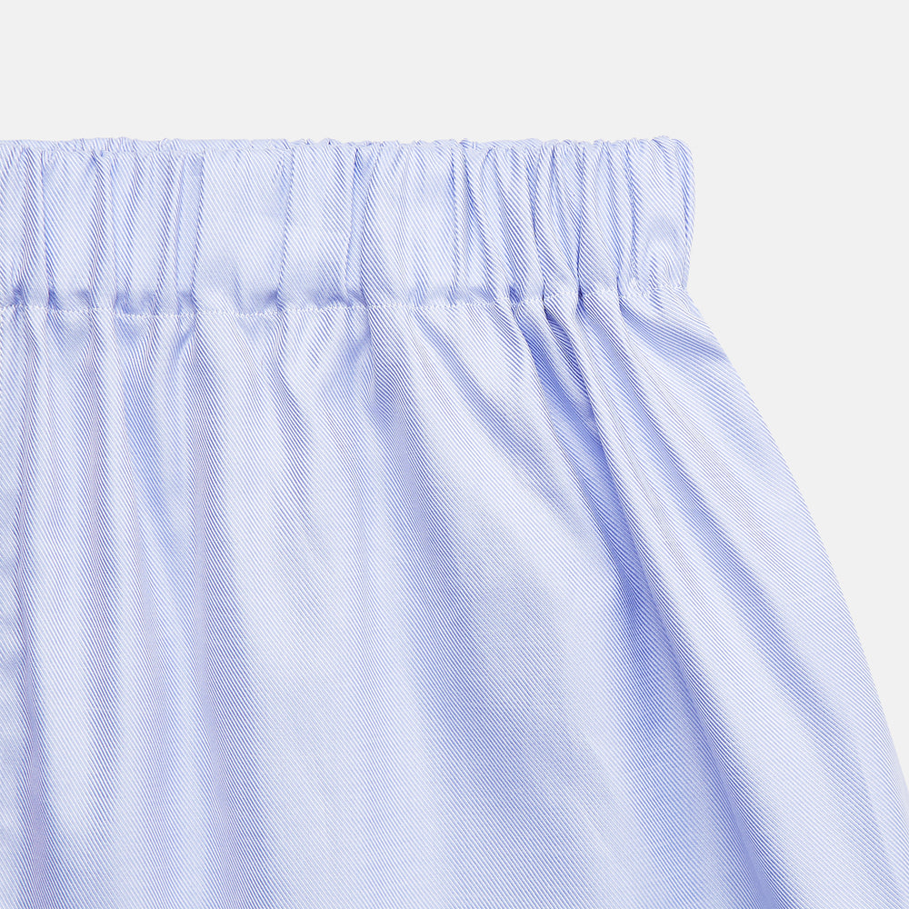 Turnbull & Asser Blue Sea Island Quality Cotton Twill Boxer Shorts for men, featuring an elastic waistband, shown flat on a white background.