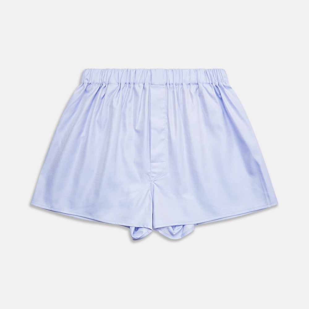 Turnbull & Asser Blue Sea Island Quality Cotton Twill Boxer Shorts for men, featuring an elastic waistband, shown flat on a white background.