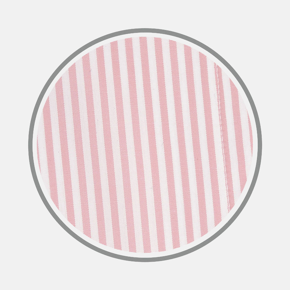 A circular swatch of Turnbull & Asser’s Blue Bengal Stripe Cotton Fabric, featuring vertical blue and white stripes and bordered by a gray outline.