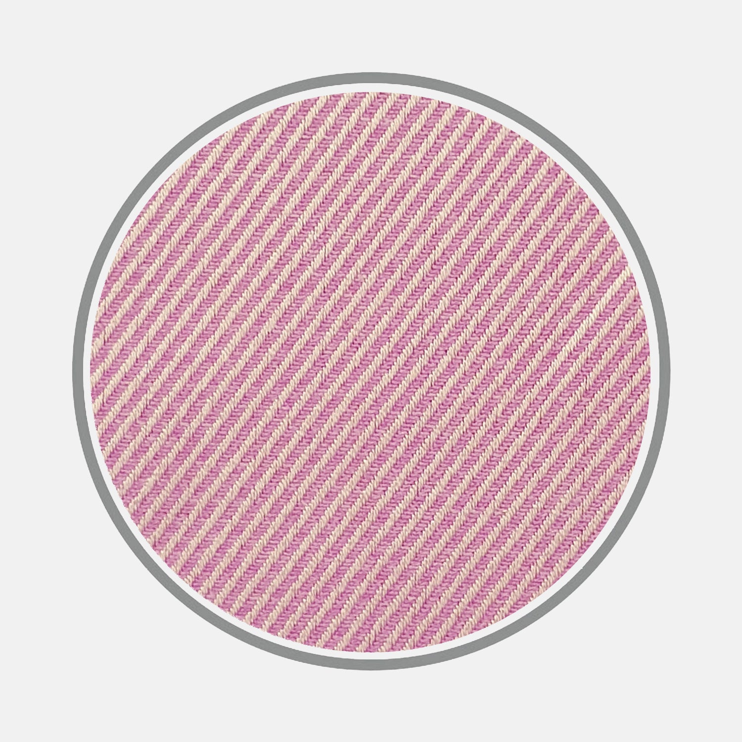 View 2 of product A detailed view of Turnbull & Asser's Lilac Fine Twill Cotton Fabric, featuring soft pink and white diagonal stripes, displayed within a circular frame on a white background.