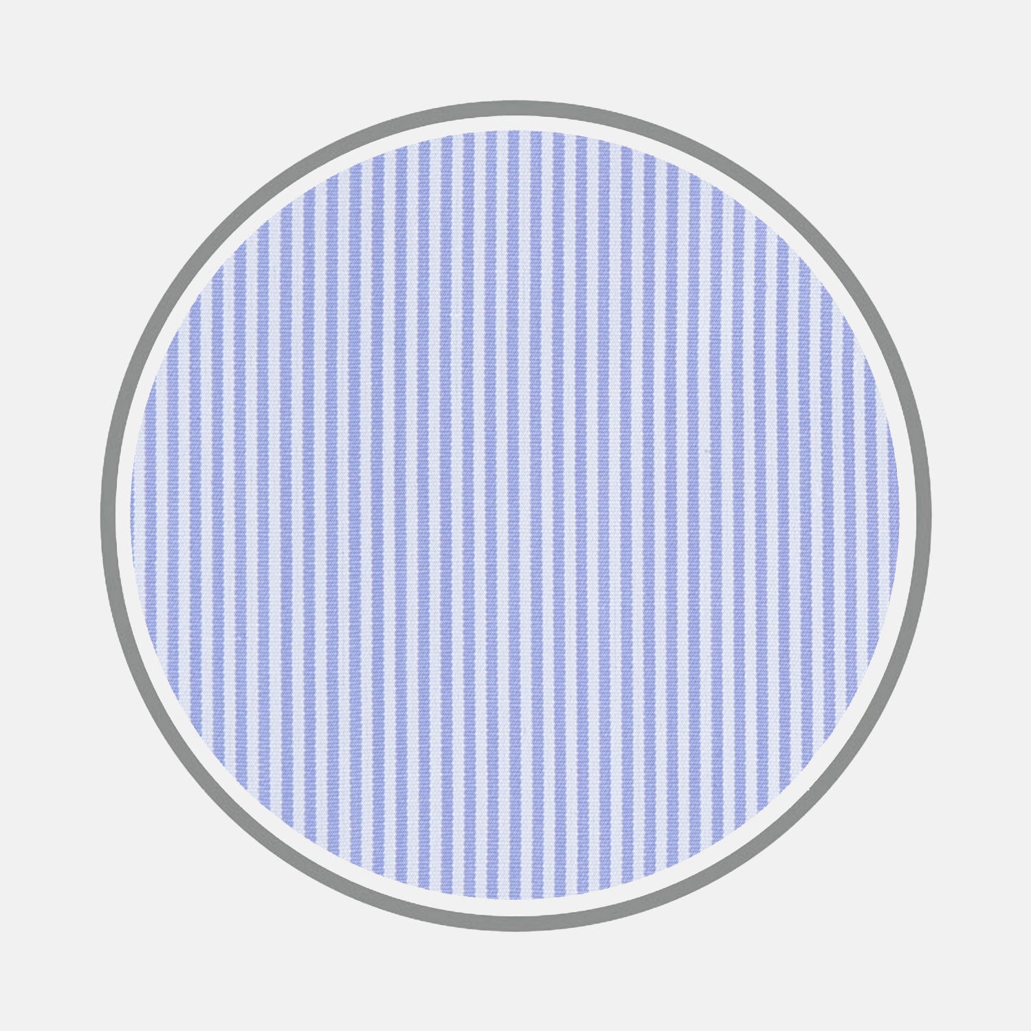View 1 of product A circular swatch of Turnbull & Asser’s Blue Fine Bengal Stripe Sea Island Quality Cotton Fabric, featuring light blue and white vertical pinstripes and a gray border, is shown on a plain white background.