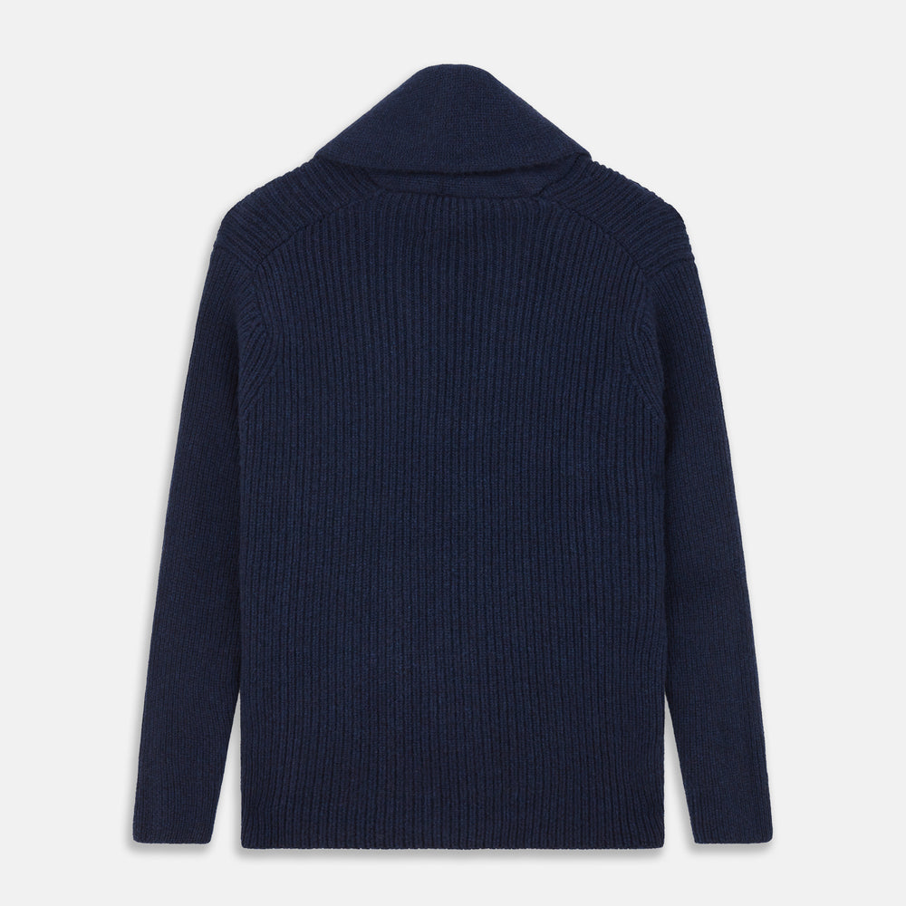 The Turnbull & Asser Navy Shawl Collar Cashmere Cardigan features a chunky knit, ribbed texture, button front, and two pockets—a luxurious piece laid flat on a white background for warmth and style.