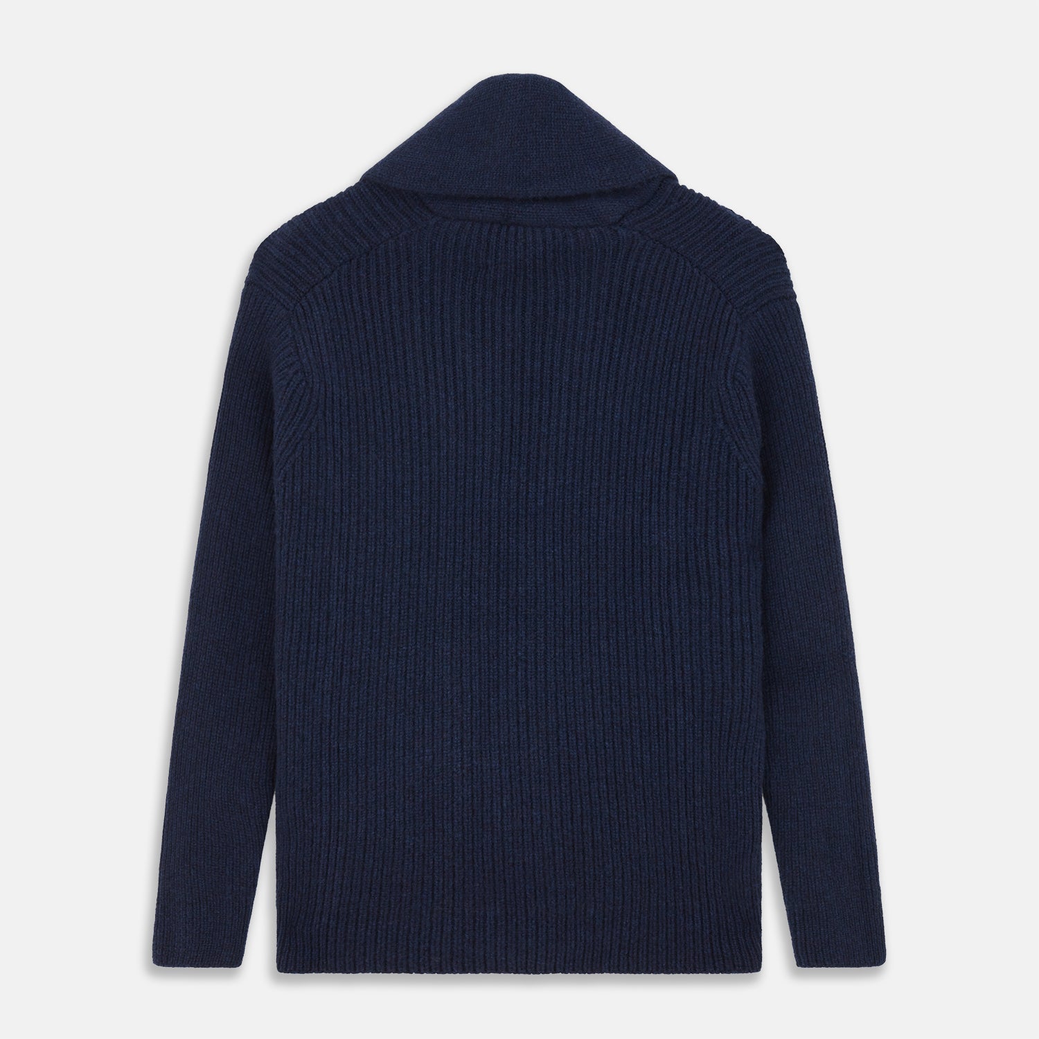 View 3 of product The Turnbull & Asser Navy Shawl Collar Cashmere Cardigan features a chunky knit, ribbed texture, button front, and two pockets—a luxurious piece laid flat on a white background for warmth and style.