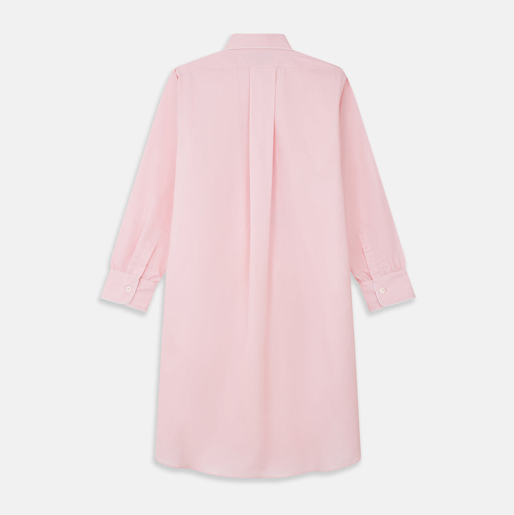 The Turnbull & Asser Pink Piped End-On-End Cotton Nightshirt features long sleeves, a pointed collar, button-down front, chest pocket, and a curved high-low hem for timeless, relaxed style.