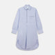 The Turnbull & Asser Blue Fine Bengal Stripe Piped Cotton Nightshirt features long sleeves, a chest pocket, black collar piping, curved hem, and side slits. It is displayed laid flat on a white background.