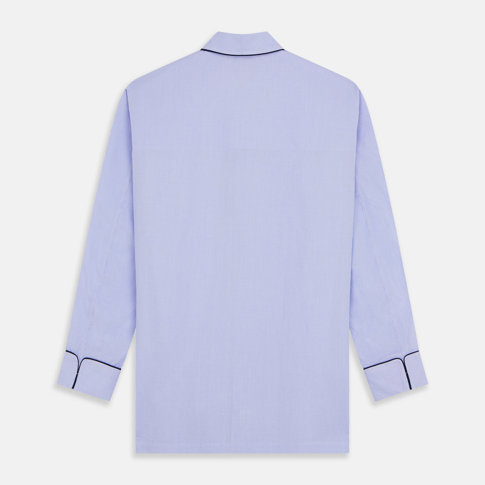 Turnbull & Asser's Blue Fine Check Piped Sea Island Quality Cotton Pyjama Set features white buttons, black piping on the collar, cuffs, and pocket, with matching drawstring pants—displayed flat on a white background.