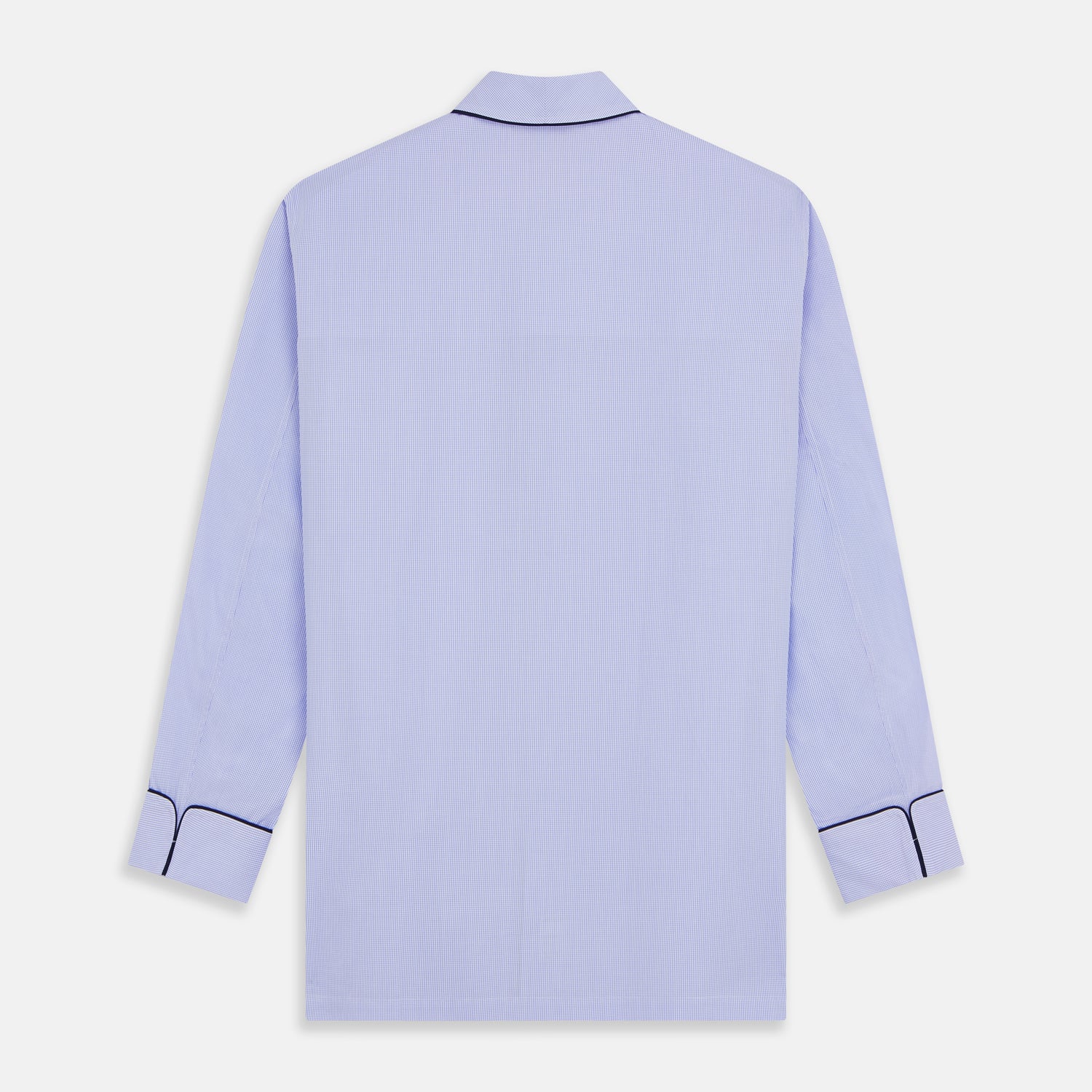 View 6 of product Turnbull & Asser's Blue Fine Check Piped Sea Island Quality Cotton Pyjama Set features white buttons, black piping on the collar, cuffs, and pocket, with matching drawstring pants—displayed flat on a white background.