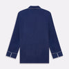 View 7 of product The Turnbull & Asser Navy Piped Silk Pyjama Set features a long-sleeve button-up top with a chest pocket and matching drawstring pants, laid flat on a white background for a luxurious look.