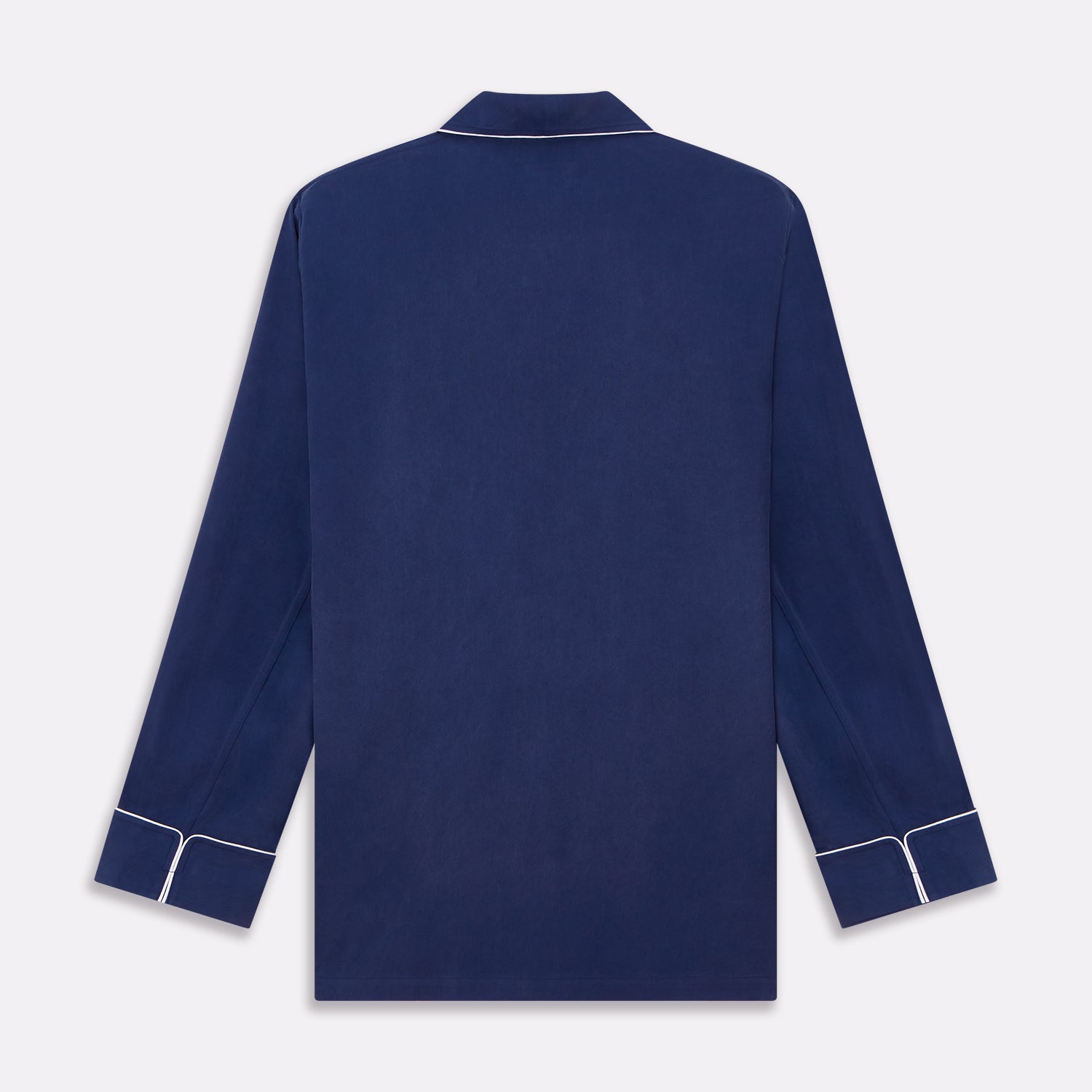 View 7 of product The Turnbull & Asser Navy Piped Silk Pyjama Set features a long-sleeve button-up top with a chest pocket and matching drawstring pants, laid flat on a white background for a luxurious look.
