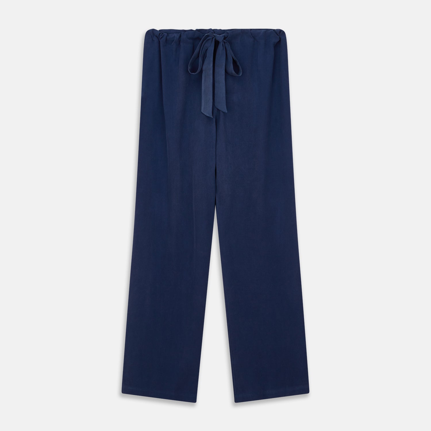 View 6 of product The Turnbull & Asser Navy Piped Silk Pyjama Set features a long-sleeve button-up top with a chest pocket and matching drawstring pants, laid flat on a white background for a luxurious look.