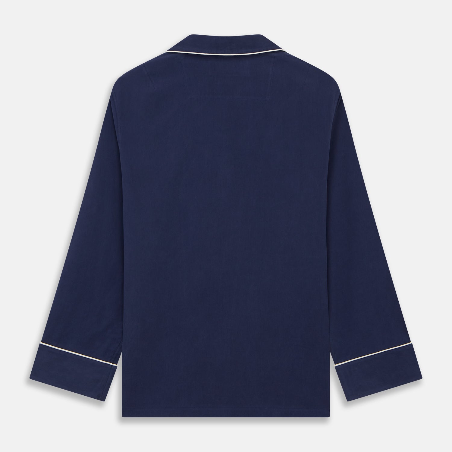 View 8 of product The Women's Harriet Navy Silk Pyjama Set by Turnbull & Asser features a long-sleeve, button-up top with white piping and chest pocket, plus matching drawstring pants—luxurious sleepwear displayed on a white background.