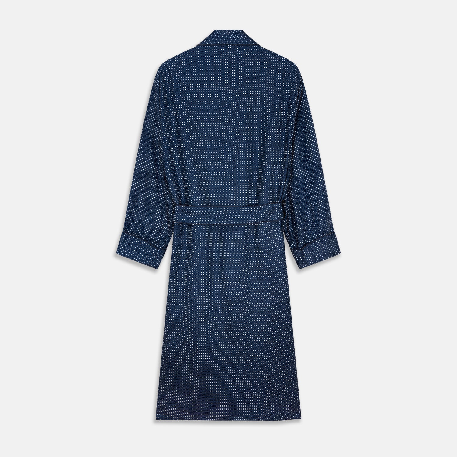 View 5 of product Experience luxurious nightwear with the Turnbull & Asser Navy Piped Silk Spot Gown, featuring elegant white dots for a timeless look.