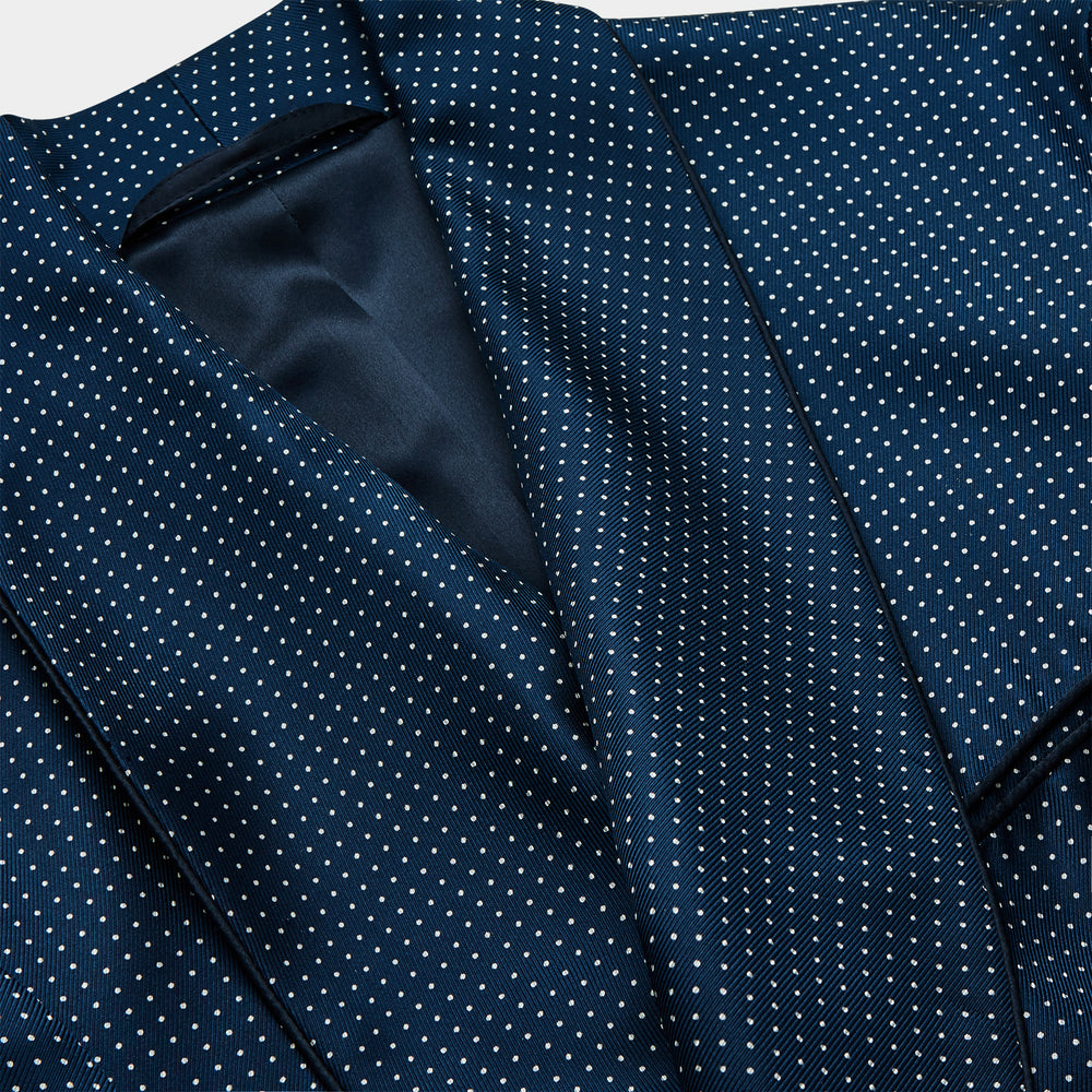 Experience luxurious nightwear with the Turnbull & Asser Navy Piped Silk Spot Gown, featuring elegant white dots for a timeless look.