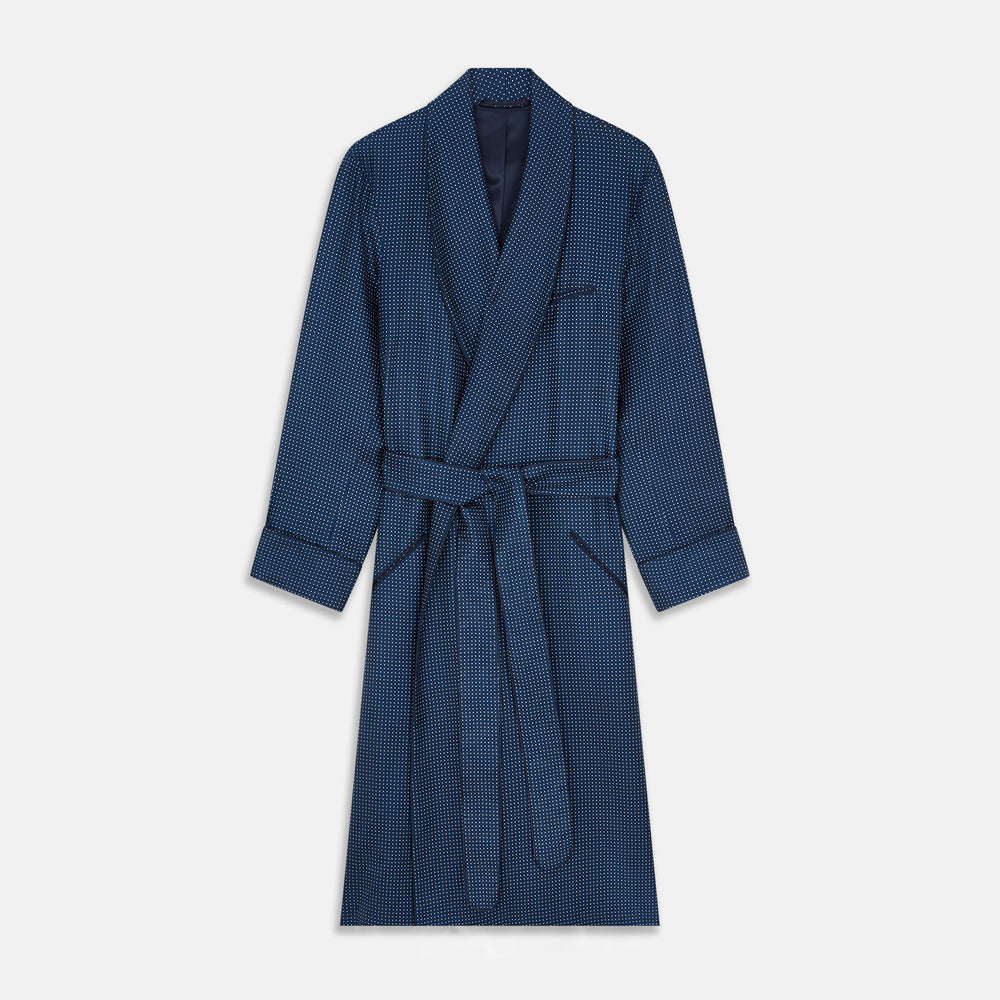 Experience luxurious nightwear with the Turnbull & Asser Navy Piped Silk Spot Gown, featuring elegant white dots for a timeless look.