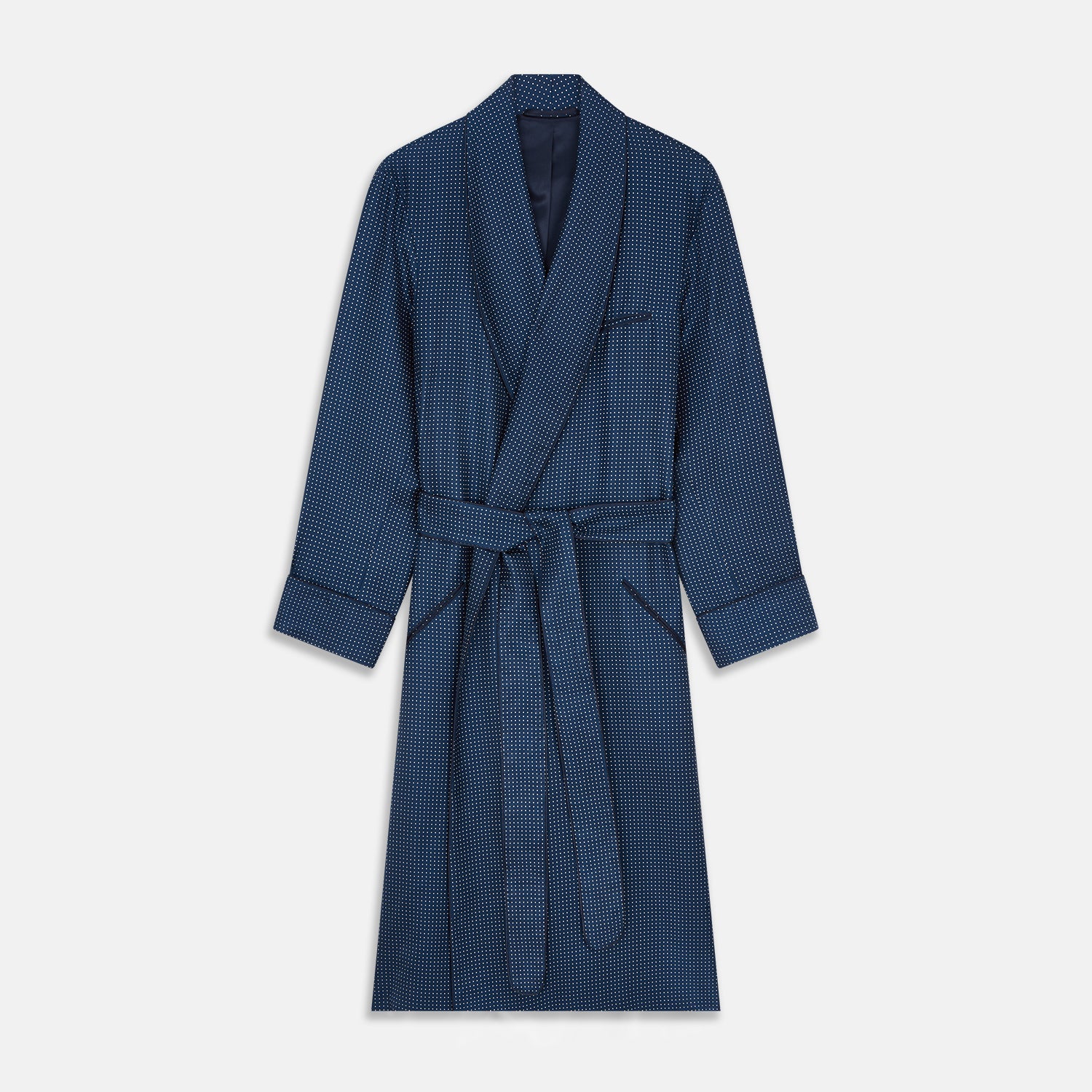 View 1 of product Experience luxurious nightwear with the Turnbull & Asser Navy Piped Silk Spot Gown, featuring elegant white dots for a timeless look.