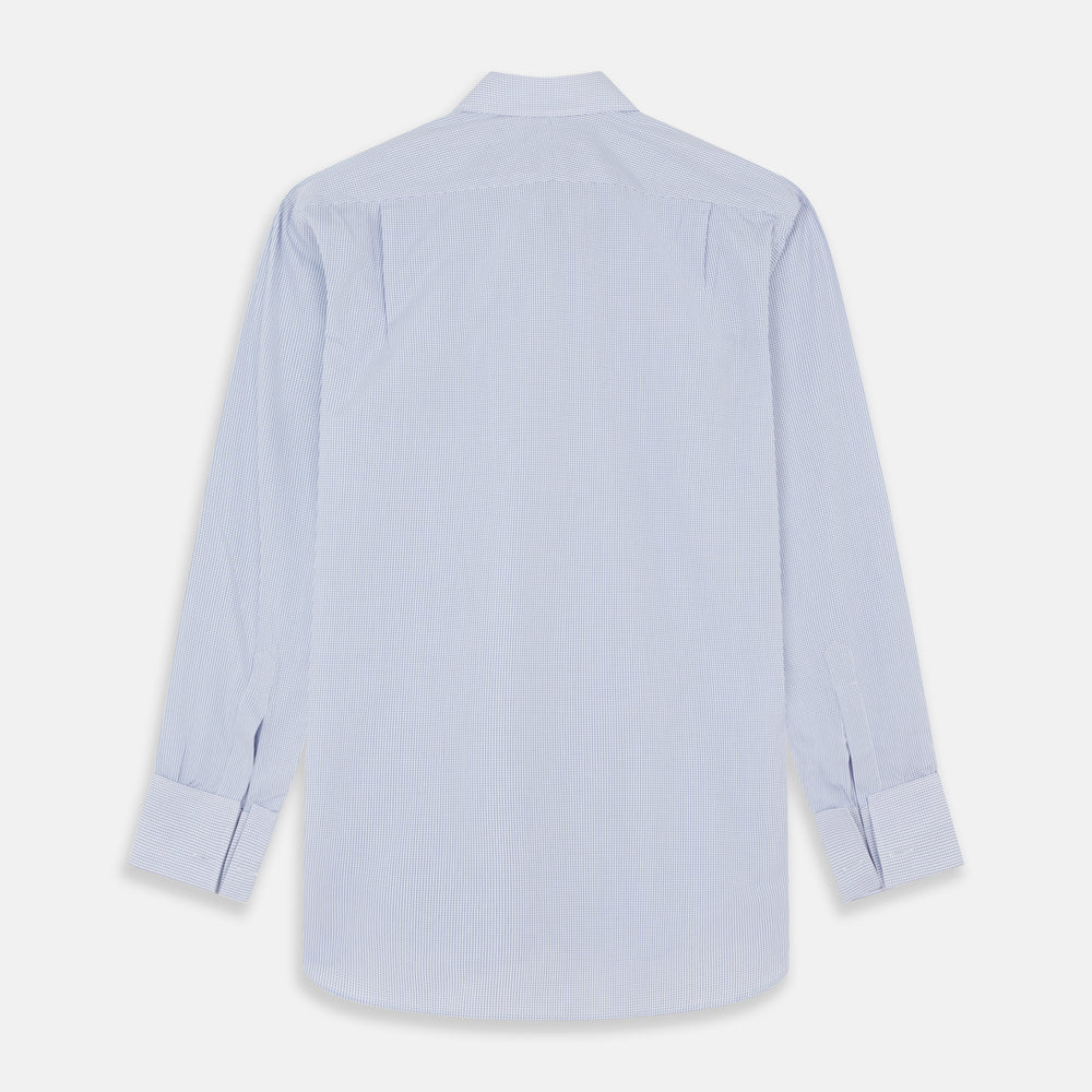 The Blue Grid Check Shirt by Turnbull & Asser features a T&A collar and double cuffs. This cotton long-sleeve shirt has an ultra-fine blue and white grid pattern and is displayed flat on a white background.
