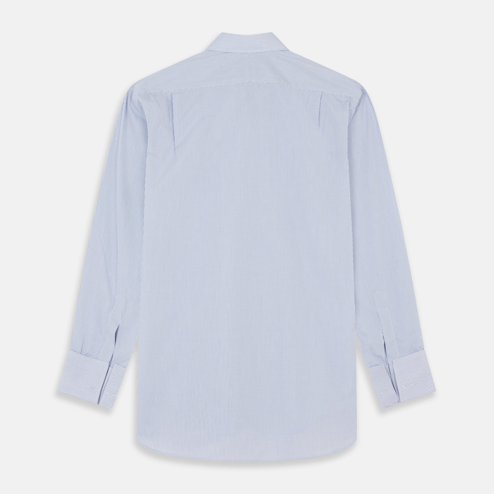 View 5 of product The Blue Grid Check Shirt by Turnbull & Asser features a T&A collar and double cuffs. This cotton long-sleeve shirt has an ultra-fine blue and white grid pattern and is displayed flat on a white background.