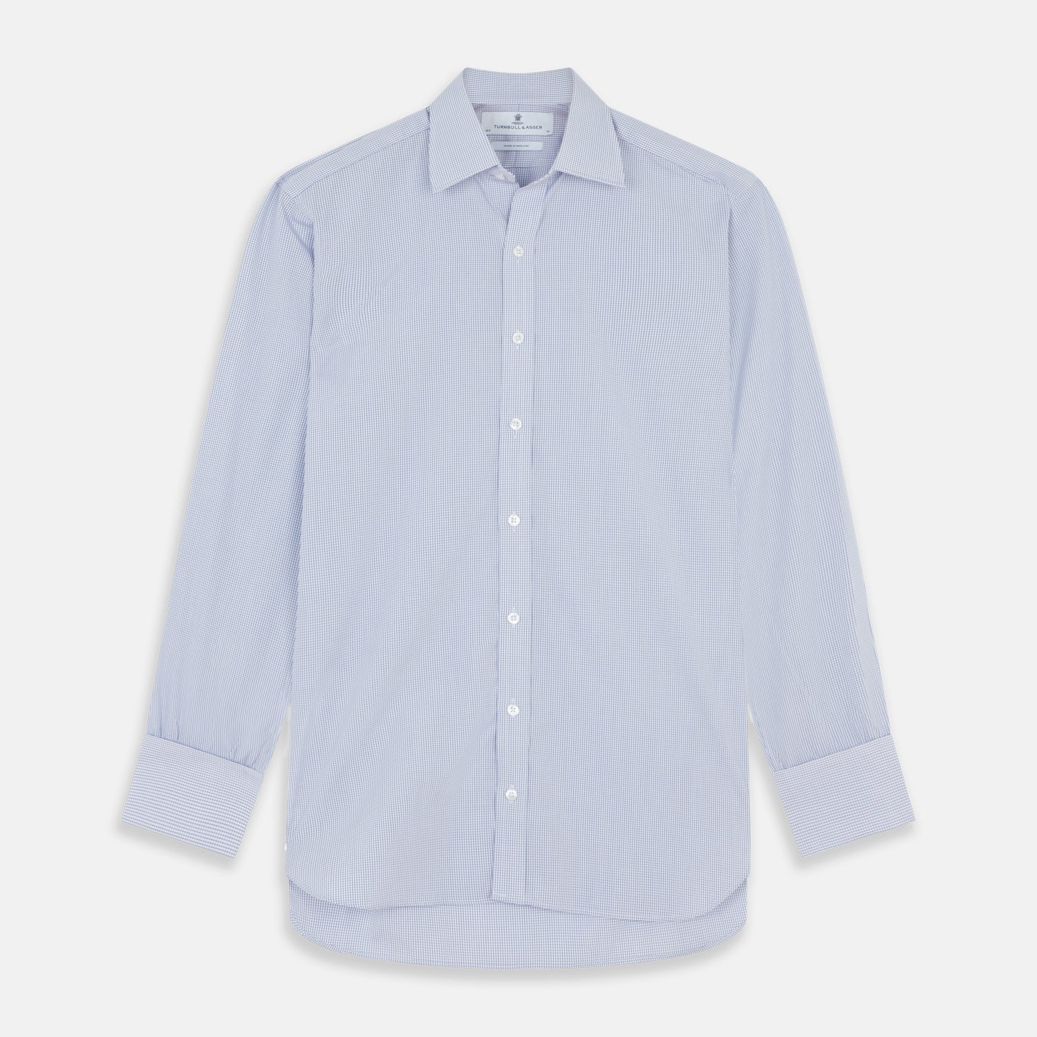 View 1 of product The Blue Grid Check Shirt by Turnbull & Asser features a T&A collar and double cuffs. This cotton long-sleeve shirt has an ultra-fine blue and white grid pattern and is displayed flat on a white background.