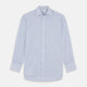 The Blue Grid Check Shirt by Turnbull & Asser features a T&A collar and double cuffs. This cotton long-sleeve shirt has an ultra-fine blue and white grid pattern and is displayed flat on a white background.