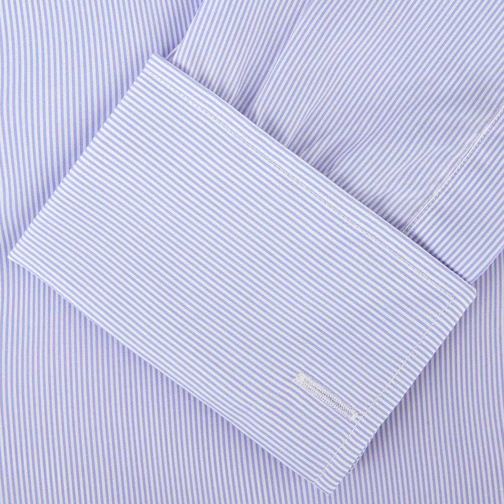 Turnbull & Asser Blue and White Fine Bengal Stripe Sea Island Quality Cotton Shirt featuring a T&A collar and double cuffs, crafted from premium Egyptian cotton.