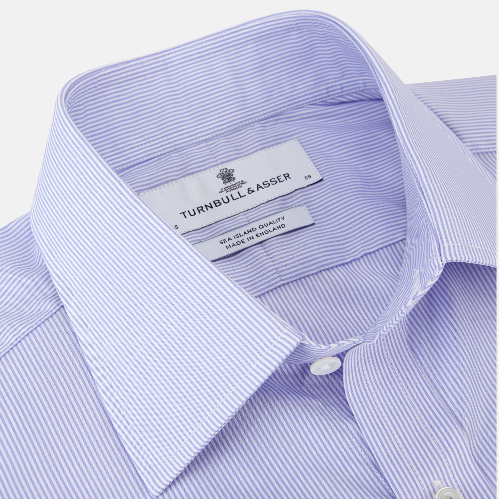 View 2 of product Turnbull & Asser Blue and White Fine Bengal Stripe Sea Island Quality Cotton Shirt featuring a T&A collar and double cuffs, crafted from premium Egyptian cotton.