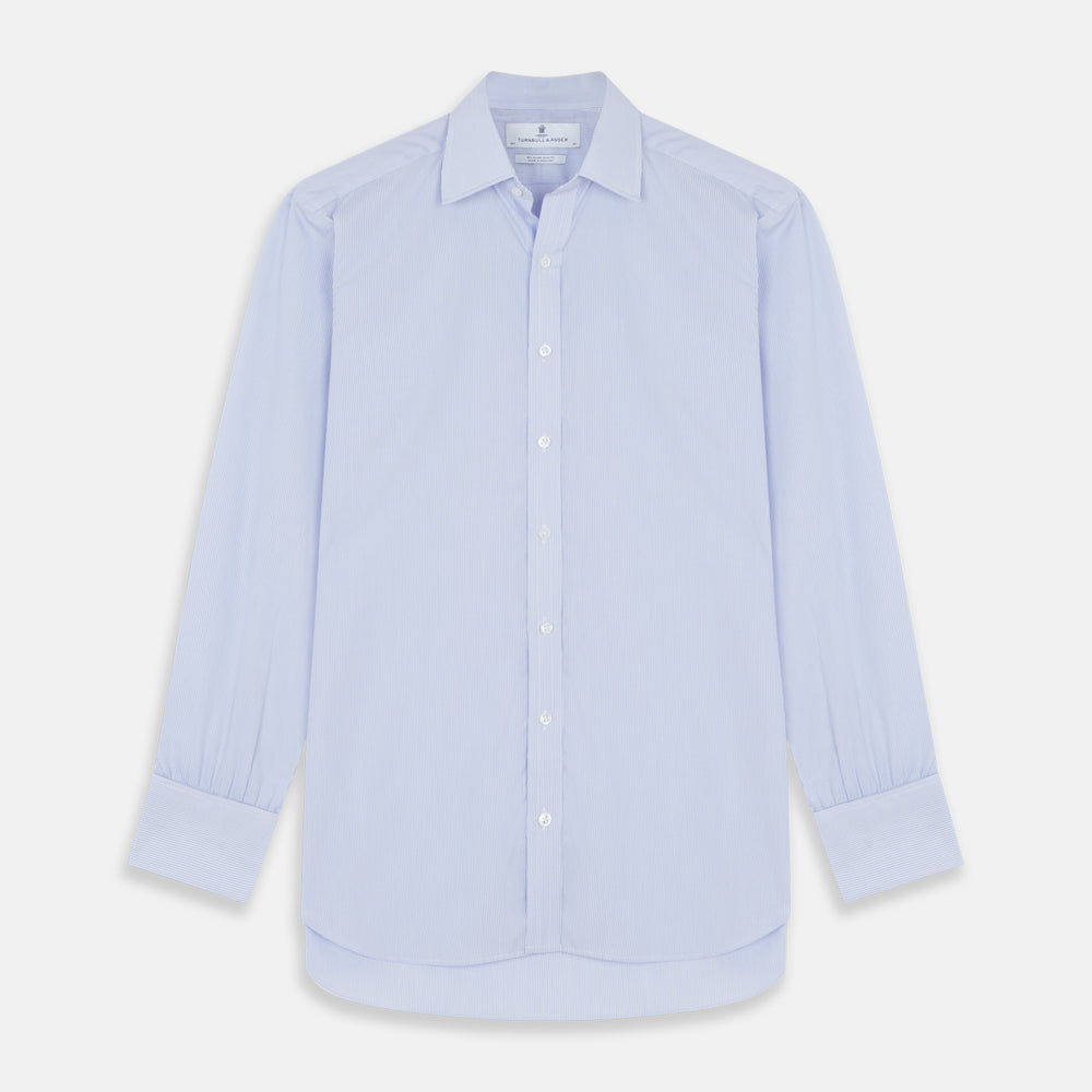 Turnbull & Asser Blue and White Fine Bengal Stripe Sea Island Quality Cotton Shirt featuring a T&A collar and double cuffs, crafted from premium Egyptian cotton.
