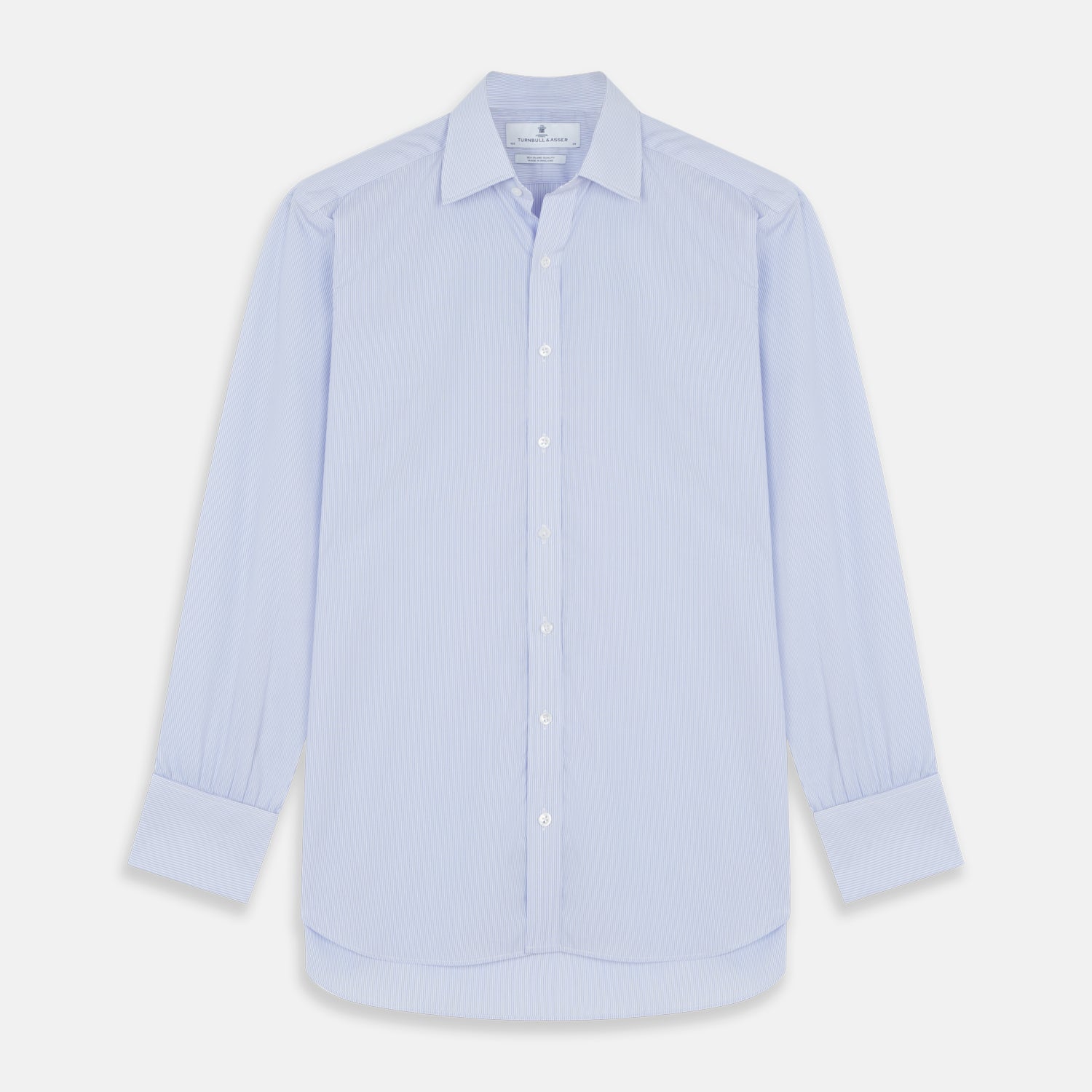 View 1 of product Turnbull & Asser Blue and White Fine Bengal Stripe Sea Island Quality Cotton Shirt featuring a T&A collar and double cuffs, crafted from premium Egyptian cotton.