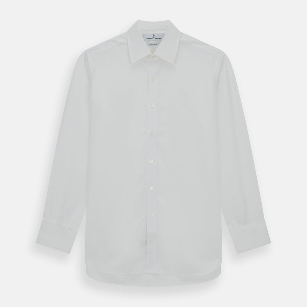 The Turnbull & Asser Plain White Cotton Shirt features a T&A collar, double cuffs, and a straight hem—ideal for minimalist style. Displayed on a plain white background.
