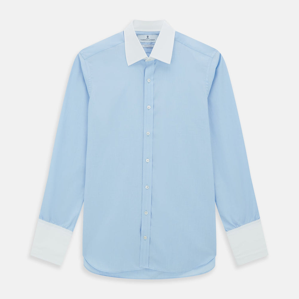 Turnbull & Asser Light Blue End-on-End Shirt features a contrast T&A white collar, double cuffs, long sleeves, and button-down front. Displayed on a plain white background.