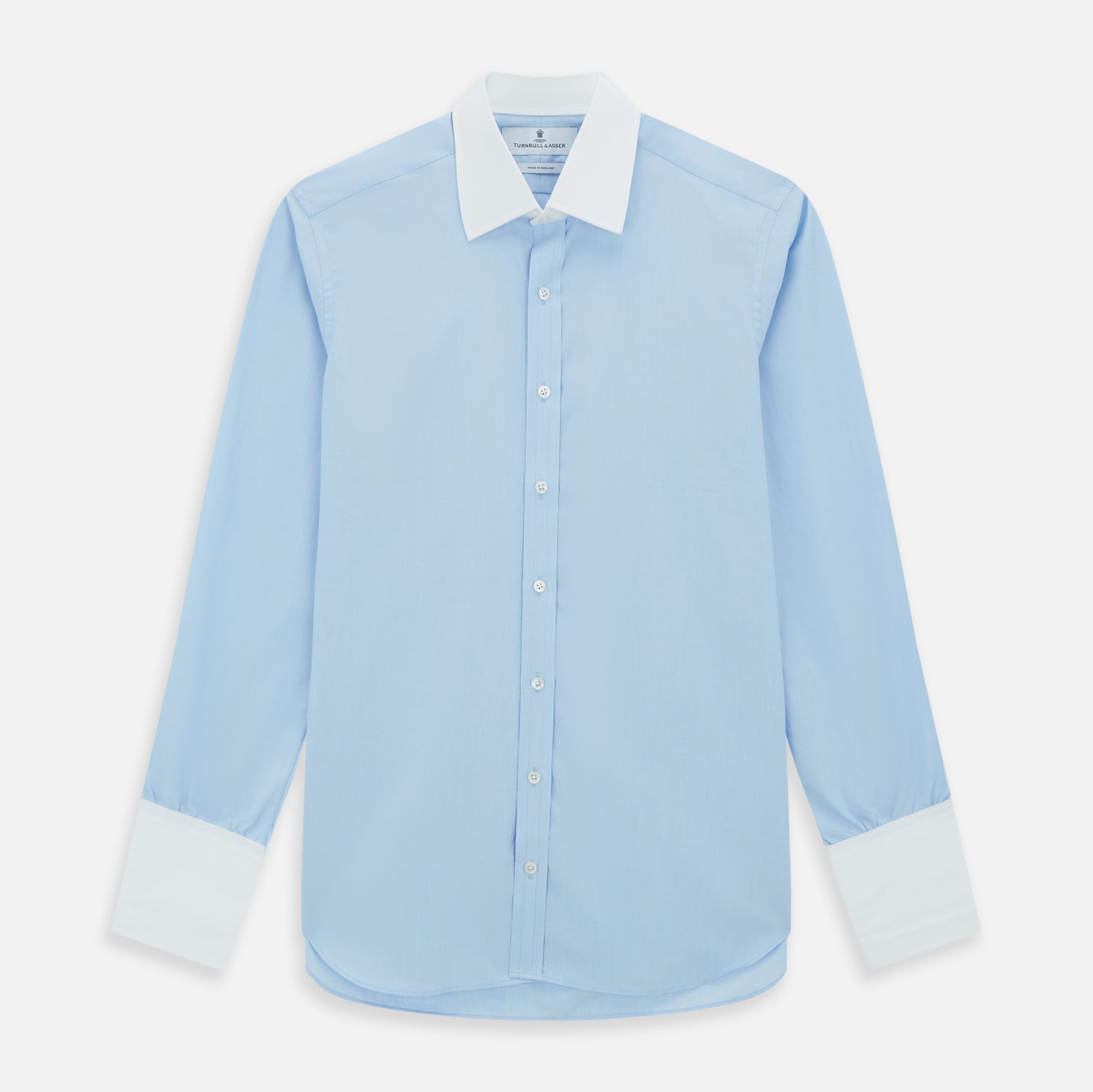 View 1 of product Turnbull & Asser Light Blue End-on-End Shirt features a contrast T&A white collar, double cuffs, long sleeves, and button-down front. Displayed on a plain white background.