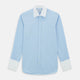 Turnbull & Asser Light Blue End-on-End Shirt features a contrast T&A white collar, double cuffs, long sleeves, and button-down front. Displayed on a plain white background.