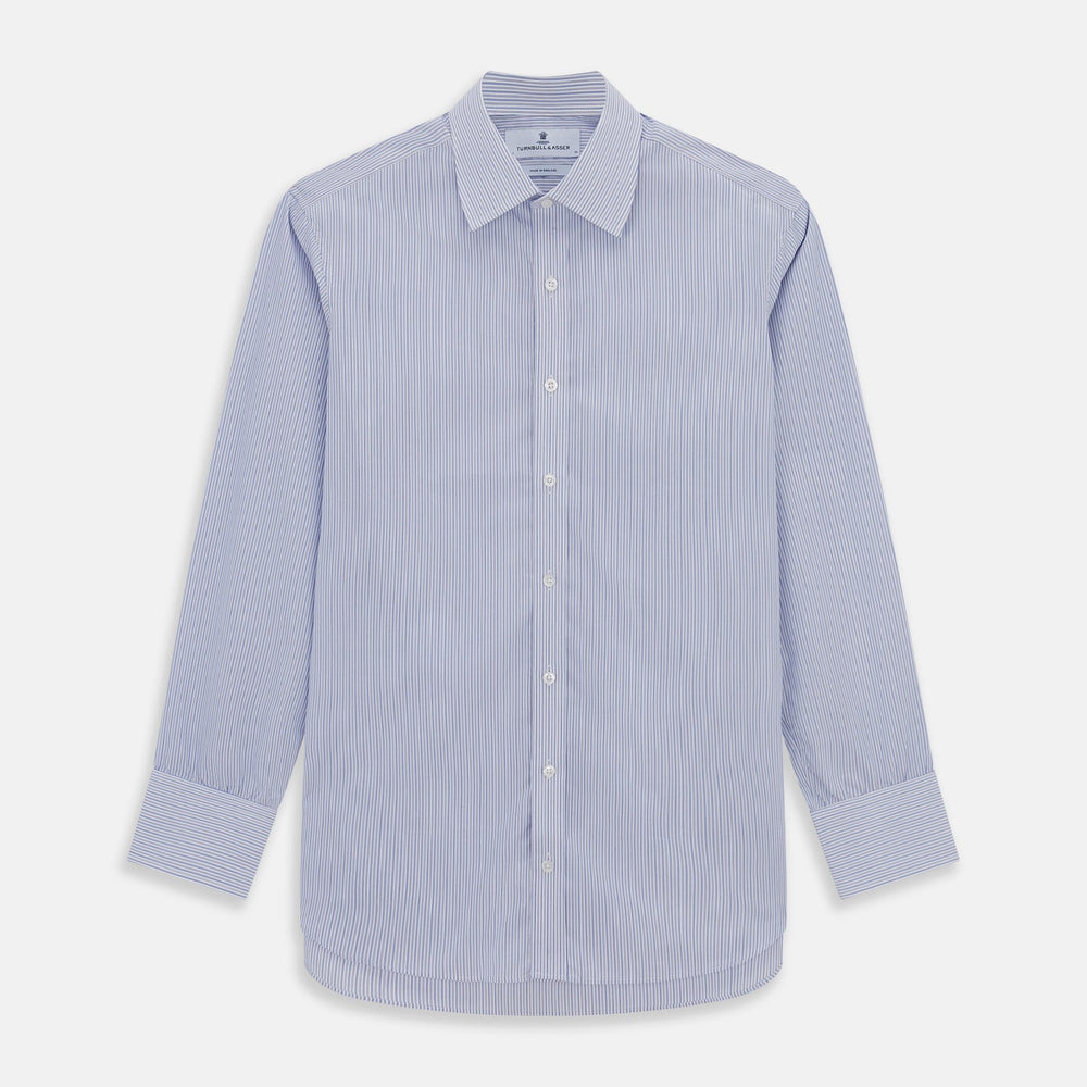 The Light Blue Track Stripe Mayfair Shirt by Turnbull & Asser is a long-sleeve button-up with thin white stripes, pointed collar, and buttoned cuffs. Expertly crafted from Egyptian cotton, it's shown laid flat on a white background.