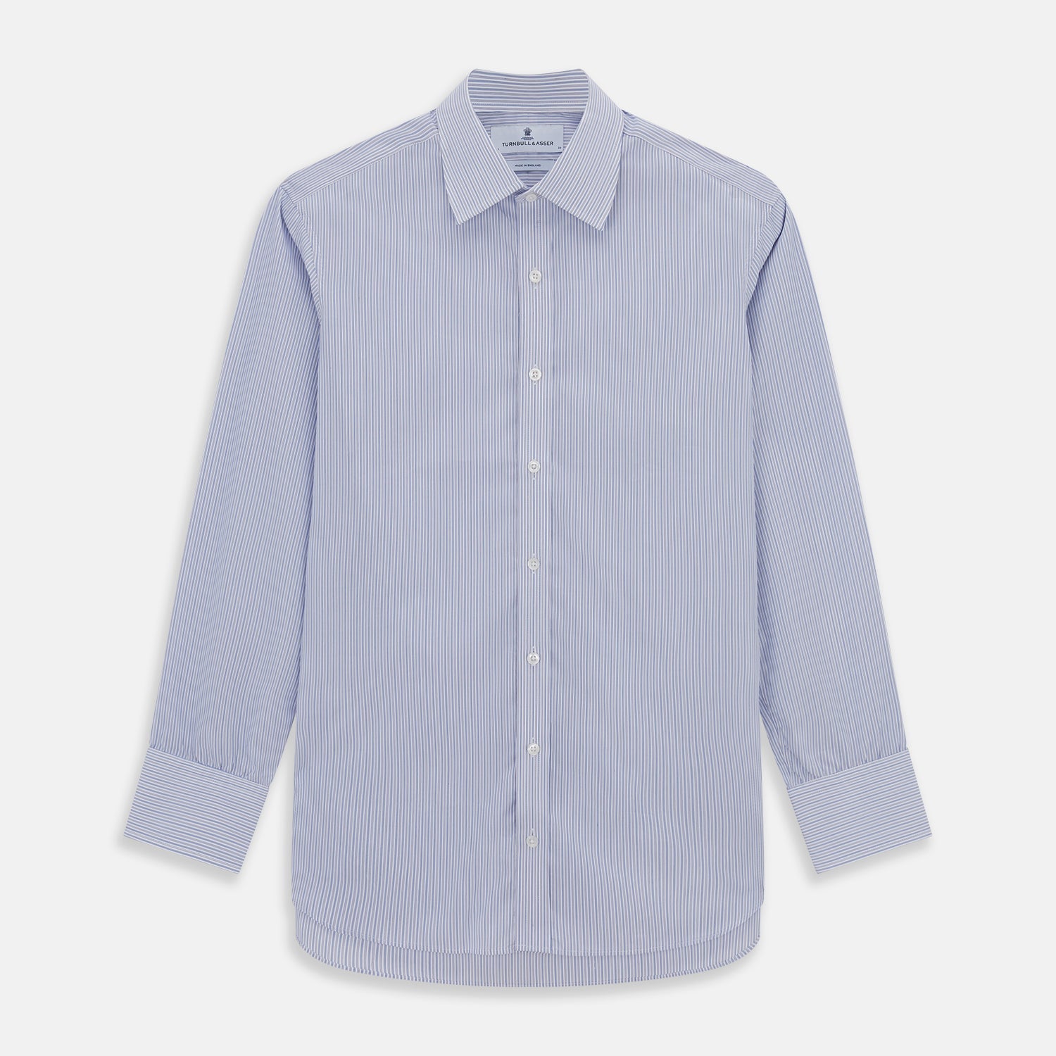 View 1 of product The Light Blue Track Stripe Mayfair Shirt by Turnbull & Asser is a long-sleeve button-up with thin white stripes, pointed collar, and buttoned cuffs. Expertly crafted from Egyptian cotton, it's shown laid flat on a white background.