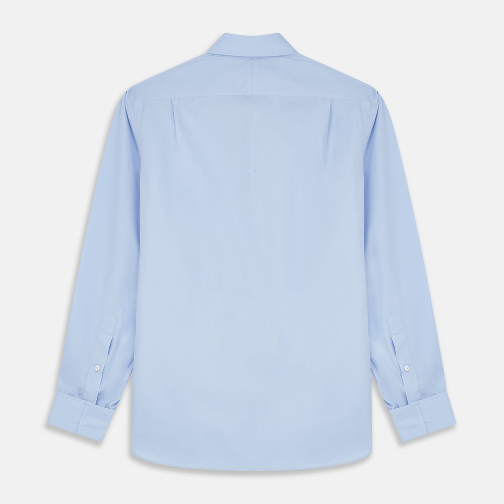 The Turnbull & Asser Tailored Fit Blue Cotton Shirt features a Kent collar and double cuffs, laid flat on a white background—ideal for pairing with a navy suit or any smart look.