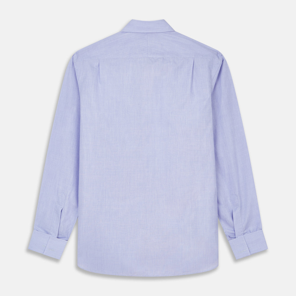 The Turnbull & Asser Tailored Fit Blue End-on-End Cotton Shirt features a Kent collar and double cuffs—ideal for pairing with a navy suit for a sharp look. Laid flat on a white background.
