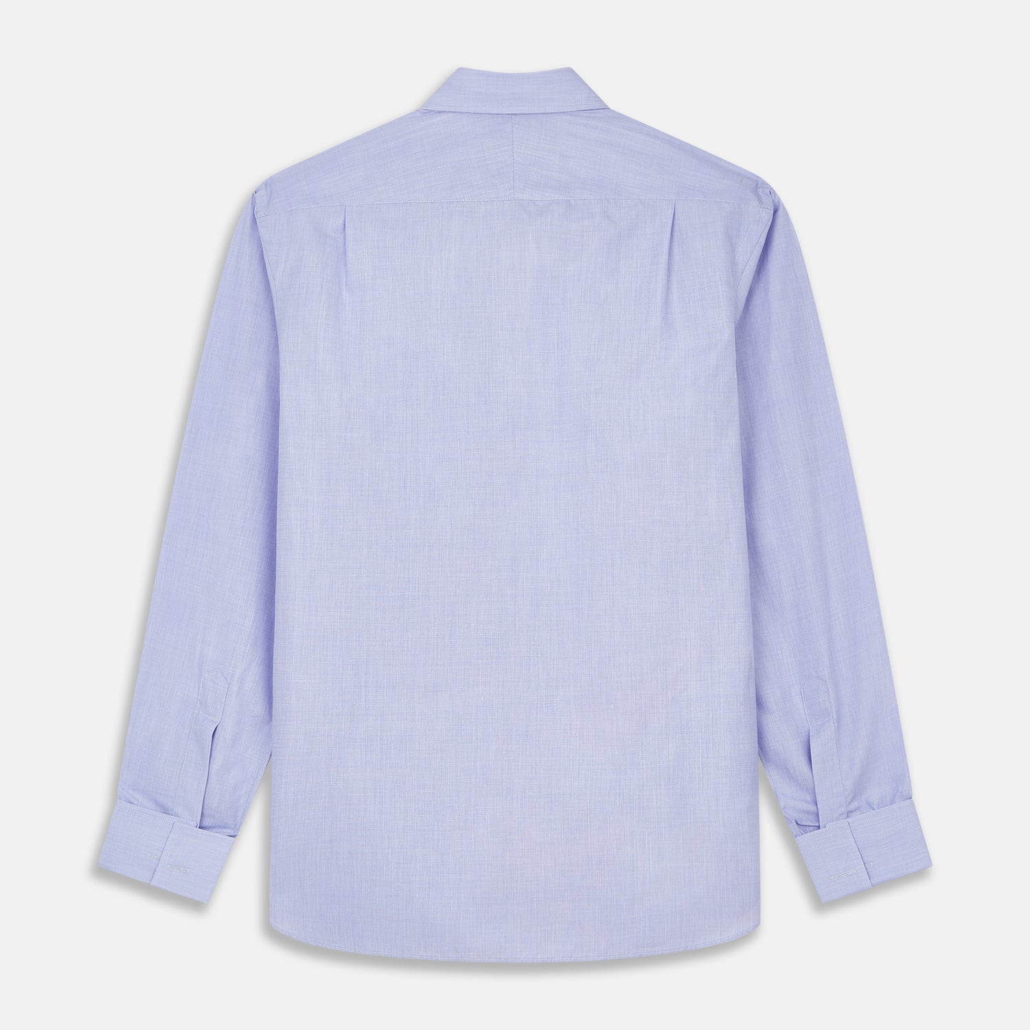 View 5 of product The Turnbull & Asser Tailored Fit Blue End-on-End Cotton Shirt features a Kent collar and double cuffs—ideal for pairing with a navy suit for a sharp look. Laid flat on a white background.