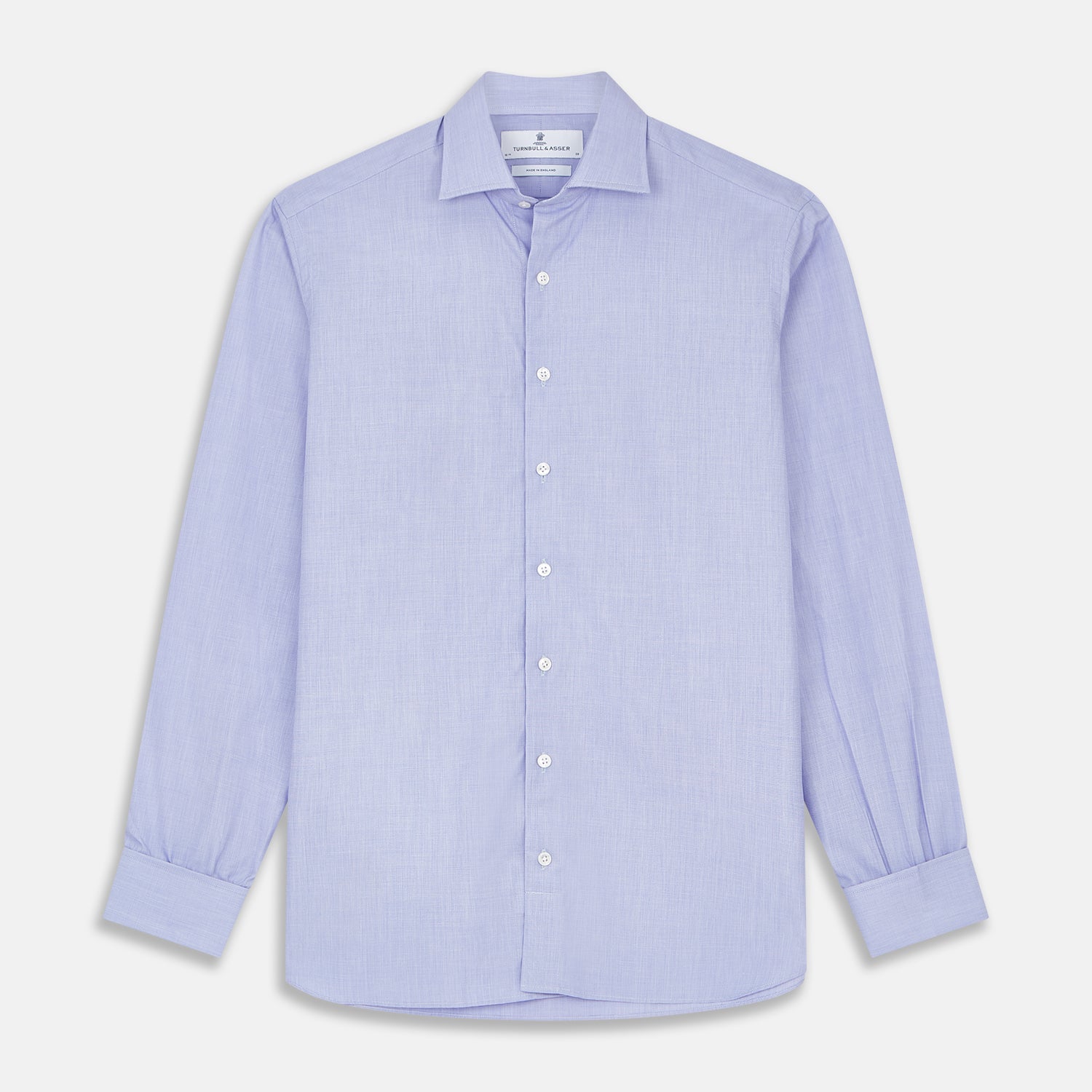 View 1 of product The Turnbull & Asser Tailored Fit Blue End-on-End Cotton Shirt features a Kent collar and double cuffs—ideal for pairing with a navy suit for a sharp look. Laid flat on a white background.