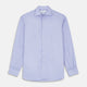 The Turnbull & Asser Tailored Fit Blue End-on-End Cotton Shirt features a Kent collar and double cuffs—ideal for pairing with a navy suit for a sharp look. Laid flat on a white background.