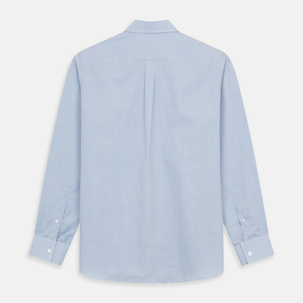 The Blue Weekend Fit Cotton-Cashmere Finch Shirt by Turnbull & Asser features a derby collar, chest pocket, and long sleeves—ideal for casual style from the Weekend Fit collection. Laid flat on white; comfortable and refined.