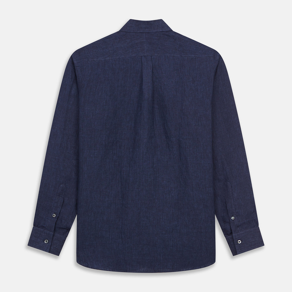The Turnbull & Asser Navy Weekend Fit Linen Finch Shirt features a Derby collar and chest pocket, crafted from dark blue linen—ideal for casual style or adding to your weekend shirts rotation.