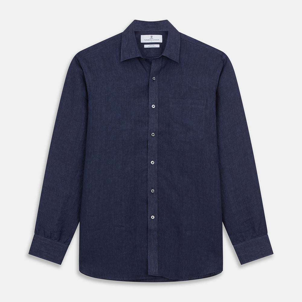 The Turnbull & Asser Navy Weekend Fit Linen Finch Shirt features a Derby collar and chest pocket, crafted from dark blue linen—ideal for casual style or adding to your weekend shirts rotation.