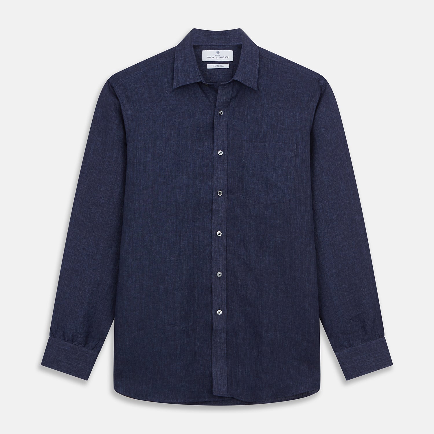 View 1 of product The Turnbull & Asser Navy Weekend Fit Linen Finch Shirt features a Derby collar and chest pocket, crafted from dark blue linen—ideal for casual style or adding to your weekend shirts rotation.