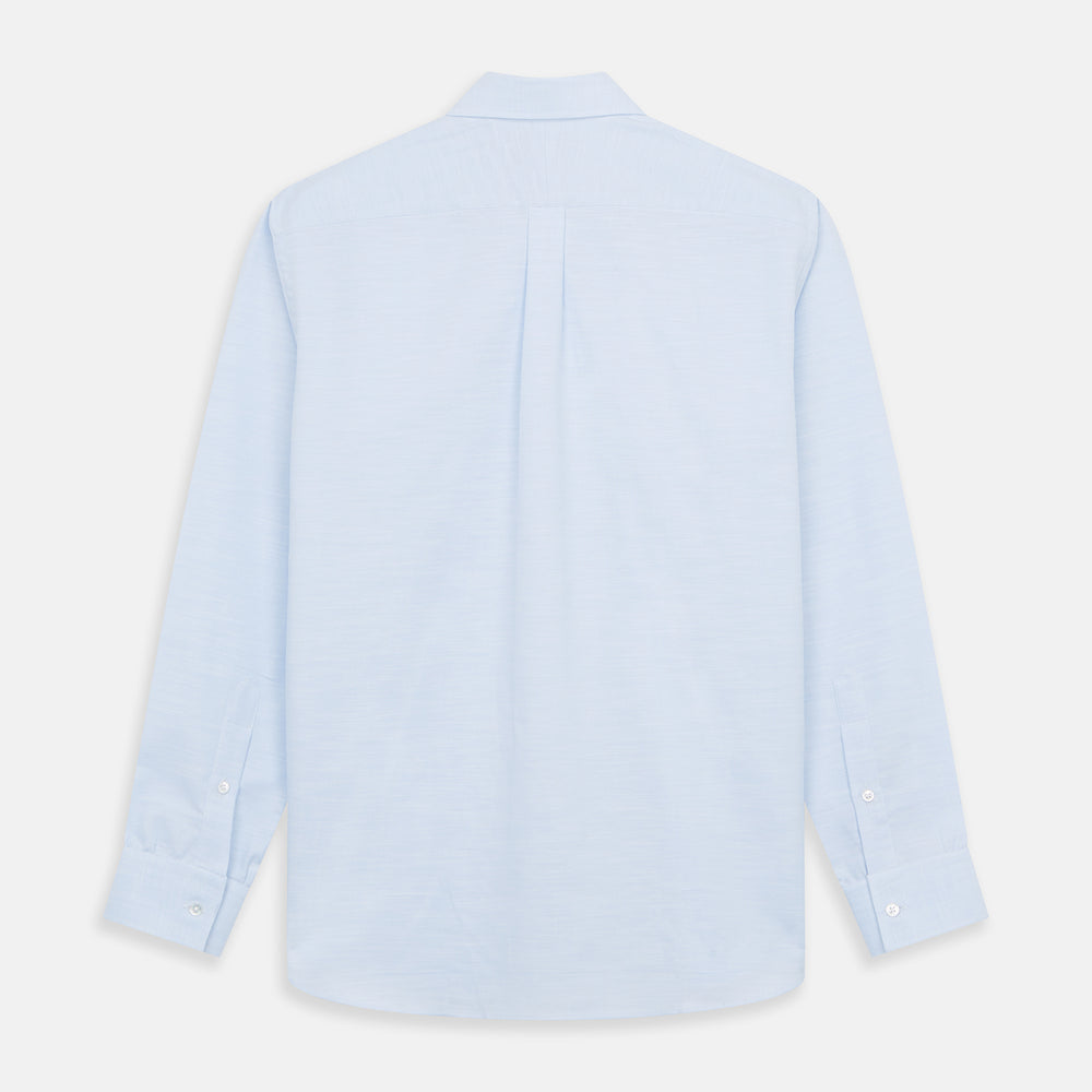 The Turnbull & Asser Plain Blue Weekend Fit Chambray Finch Shirt features a Derby collar, long sleeves, and a front chest pocket—shown laid flat on white—ideal for casual weekend wear.